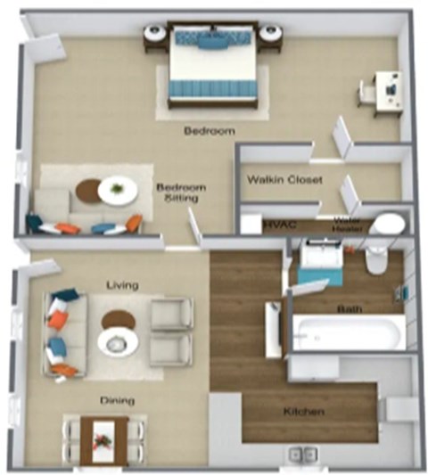 Floor plan for 1 bed, 1 bath